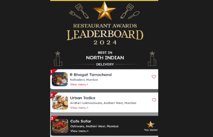 Cafe safar was nominated for the best north India Food on Zomato